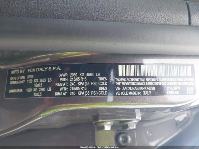 2019 Jeep Renegade Sport 4x4 მანქანა იყიდება აუქციონზე, vin: ZACNJBAB5KPK74299, აუქციონის ნომერი: 45253899