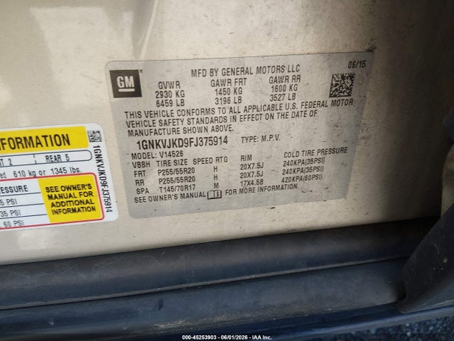 Продаж на аукціоні авто 2015 Chevrolet Traverse Ltz, vin: 1GNKVJKD9FJ375914, номер лоту: 45253903