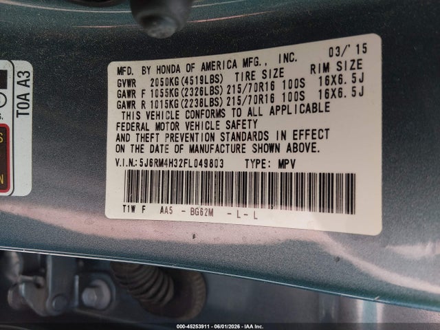Продажа на аукционе авто 2015 Honda Cr-v Lx, vin: 5J6RM4H32FL049803, номер лота: 45253911
