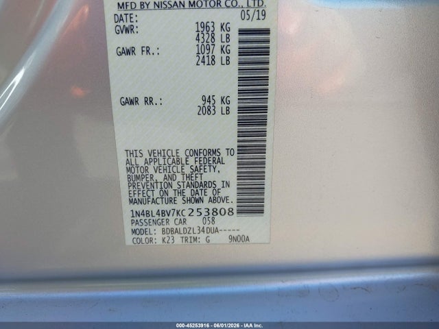 Aukcja sprzedaży 2019 Nissan Altima 2.5 S, vin: 1N4BL4BV7KC253808, numer aukcji: 45253916