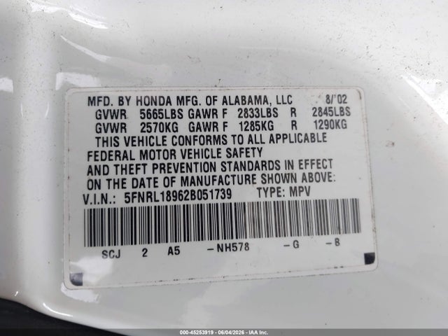 Продажа на аукционе авто 2002 Honda Odyssey Ex-l, vin: 5FNRL18962B051739, номер лота: 45253919