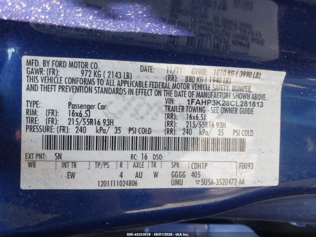 Aukcja sprzedaży 2012 Ford Focus Se, vin: 1FAHP3K28CL281813, numer aukcji: 45253939