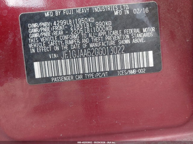 Продажа на аукционе авто 2016 Subaru Impreza 2.0i, vin: JF1GJAA62GG013022, номер лота: 45253952