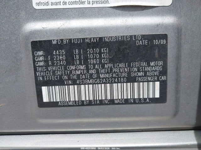 Aukcja sprzedaży 2010 Subaru Legacy 2.5i Premium, vin: 4S3BMBG62A3224180, numer aukcji: 45253958