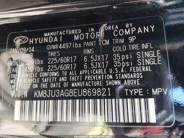 45253977 :رقم المزاد ، KM8JU3AG8EU869821 vin ، 2014 Hyundai Tucson Se مزاد بيع
