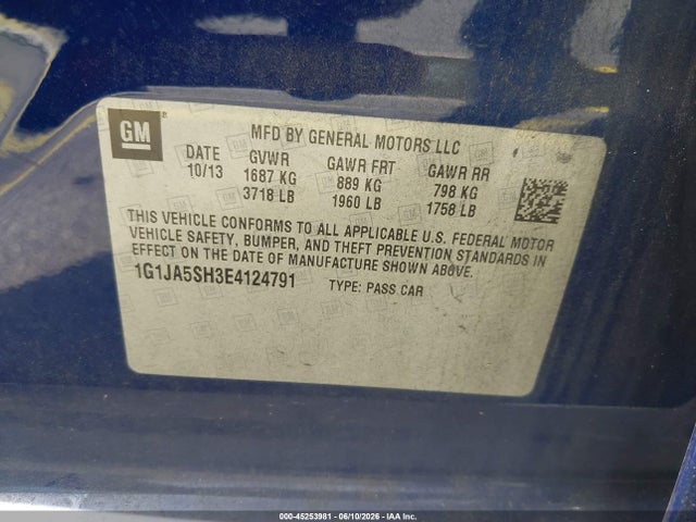 Продажа на аукционе авто 2014 Chevrolet Sonic Ls Auto, vin: 1G1JA5SH3E4124791, номер лота: 45253981