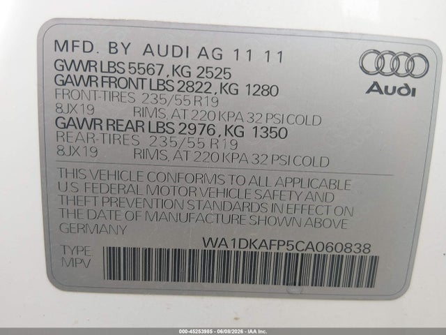 2012 Audi Q5 3.2 Premium Plus მანქანა იყიდება აუქციონზე, vin: WA1DKAFP5CA060838, აუქციონის ნომერი: 45253985