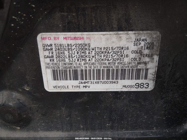 45253995 :رقم المزاد ، JA4MT31X87U003943 vin ، 2007 Mitsubishi Outlander Ls مزاد بيع