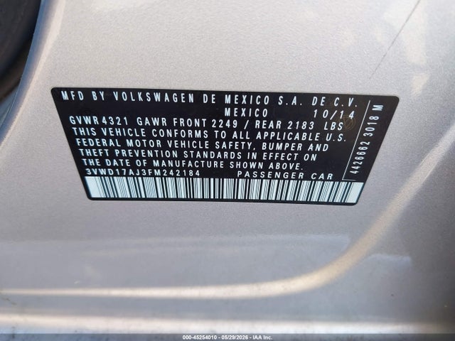 Aukcja sprzedaży 2015 Volkswagen Jetta 1.8t Se, vin: 3VWD17AJ3FM242184, numer aukcji: 45254010