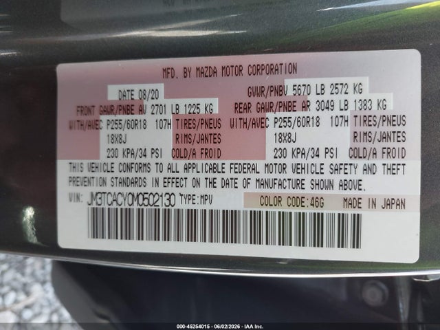 Aukcja sprzedaży 2021 Mazda Cx-9 Touring, vin: JM3TCACY0M0502130, numer aukcji: 45254015