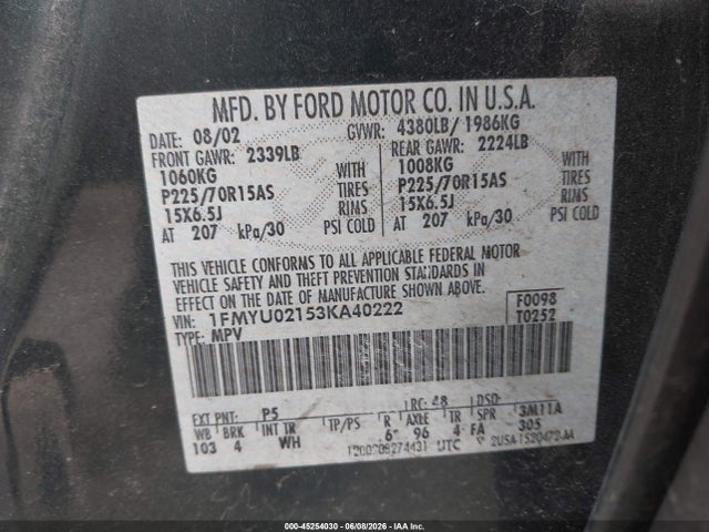 2003 Ford Escape Xls მანქანა იყიდება აუქციონზე, vin: 1FMYU02153KA40222, აუქციონის ნომერი: 45254030