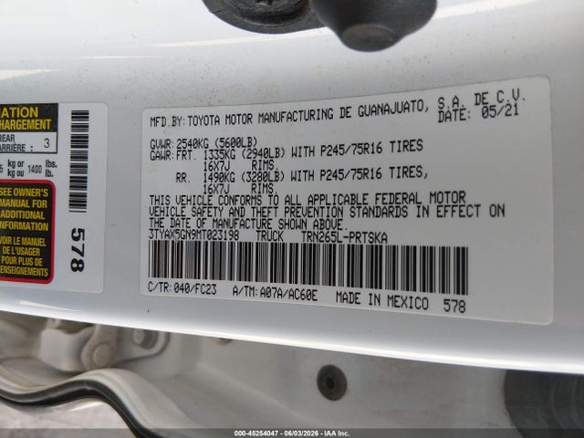 3TYAX5GN9MT023198 Toyota Tacoma Sr5