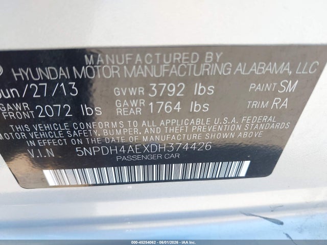 Aukcja sprzedaży 2013 Hyundai Elantra Gls, vin: 5NPDH4AEXDH374426, numer aukcji: 45254062