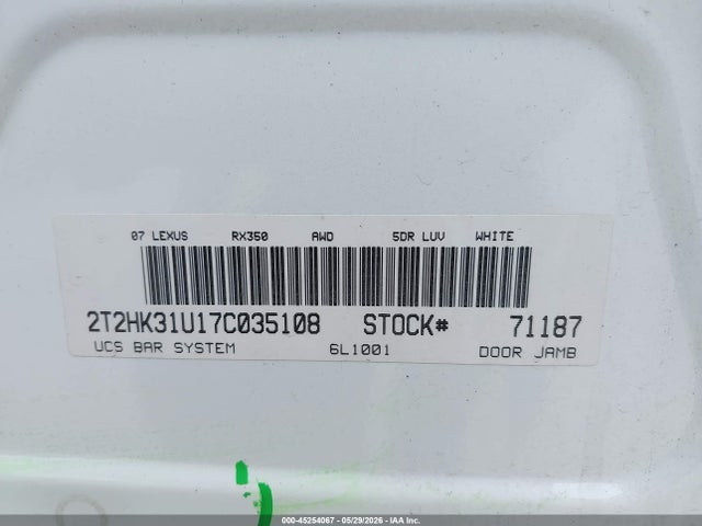 45254067 :رقم المزاد ، 2T2HK31U17C035108 vin ، 2007 Lexus Rx 350 مزاد بيع