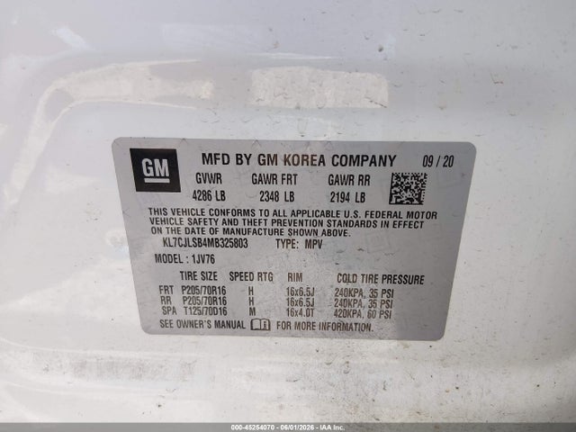 KL7CJLSB4MB325803 Chevrolet Trax Fwd Lt