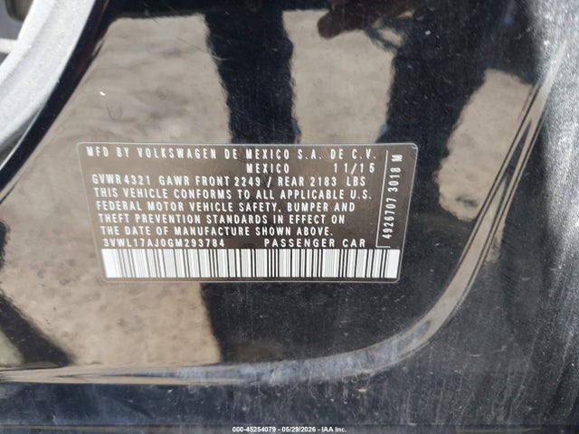 Auction sale of the 2016 Volkswagen Jetta 1.8t Sel, vin: 3VWL17AJ0GM293784, lot number: 45254079