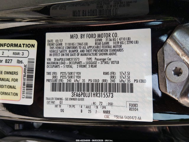Aukcja sprzedaży 2017 Ford Fusion Hybrid Se, vin: 3FA6P0LU1HR315573, numer aukcji: 45254089