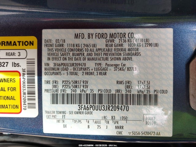 Aukcja sprzedaży 2018 Ford Fusion Hybrid S, vin: 3FA6P0UU3JR209470, numer aukcji: 45254094