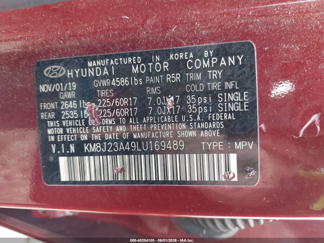 45254105 :رقم المزاد ، KM8J23A49LU169489 vin ، 2020 Hyundai Tucson Se مزاد بيع