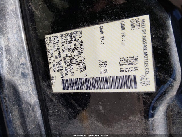 45254107 :رقم المزاد ، 1N4BL4DV9NN366696 vin ، 2022 Nissan Altima Sv Fwd مزاد بيع