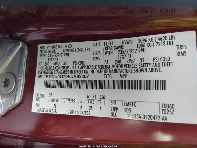45254110 :رقم المزاد ، 1FMCU0G79FUA92307 vin ، 2015 Ford Escape Se مزاد بيع