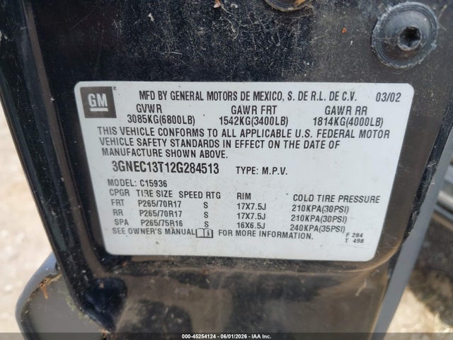 Aukcja sprzedaży 2002 Chevrolet Avalanche 1500, vin: 3GNEC13T12G284513, numer aukcji: 45254124