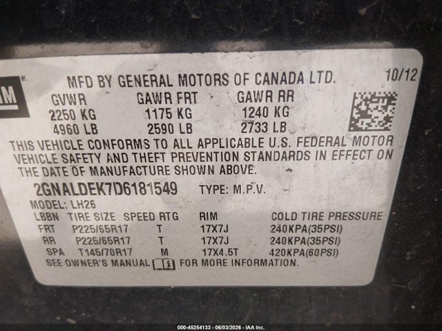 45254133 :رقم المزاد ، 2GNALDEK7D6181549 vin ، 2013 Chevrolet Equinox 1lt مزاد بيع