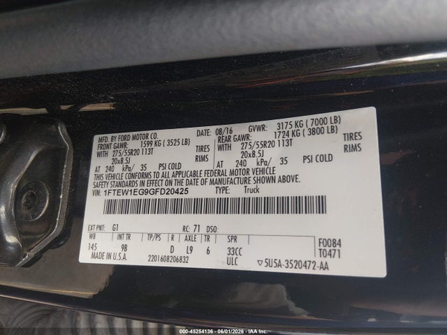 Продаж на аукціоні авто 2016 Ford F-150 Platinum, vin: 1FTEW1EG9GFD20425, номер лоту: 45254136
