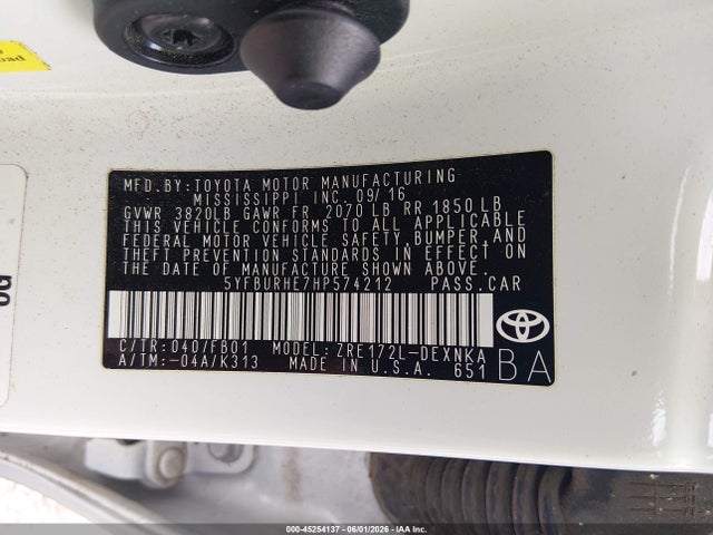 Aukcja sprzedaży 2017 Toyota Corolla Le, vin: 5YFBURHE7HP574212, numer aukcji: 45254137