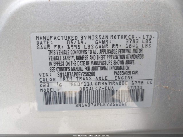 Продажа на аукционе авто 2014 Nissan Sentra S, vin: 3N1AB7AP6EY256260, номер лота: 45254140
