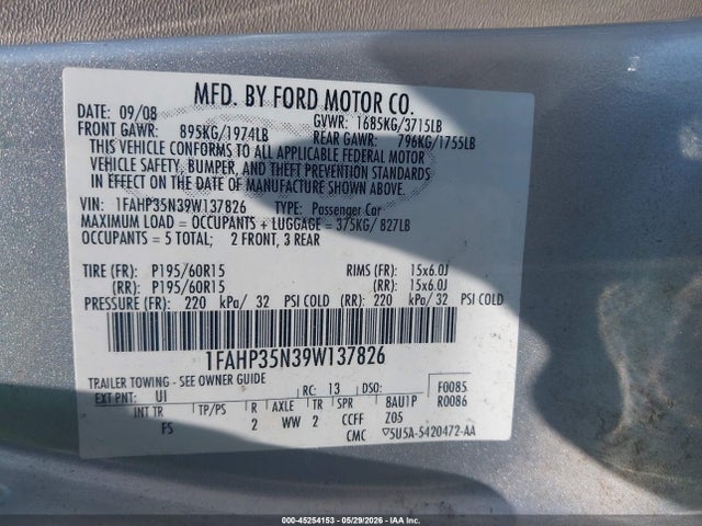 Aukcja sprzedaży 2009 Ford Focus Se, vin: 1FAHP35N39W137826, numer aukcji: 45254153