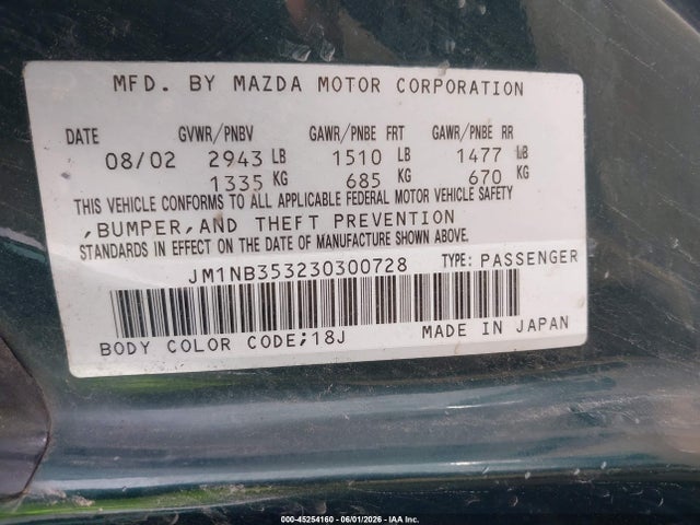 45254160 :رقم المزاد ، JM1NB353230300728 vin ، 2003 Mazda Mx-5 Miata Cloth/ls/se/shinsen مزاد بيع