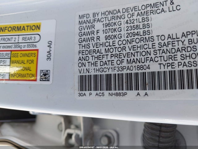 Auction sale of the 2023 Honda Accord Ex, vin: 1HGCY1F33PA018804, lot number: 45254167