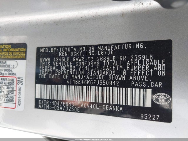 Продаж на аукціоні авто 2007 Toyota Camry Le, vin: 4T1BE46K67U550912, номер лоту: 45254180