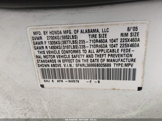Продажа на аукционе авто 2006 Honda Odyssey Touring, vin: 5FNRL38866B005689, номер лота: 45254189