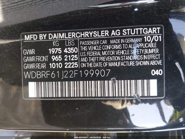 45254201 :رقم المزاد ، WDBRF61J22F199907 vin ، 2002 Mercedes-benz C 240 مزاد بيع