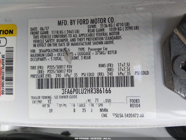 2017 Ford Fusion Hybrid Se მანქანა იყიდება აუქციონზე, vin: 3FA6P0LU2HR386166, აუქციონის ნომერი: 45254206