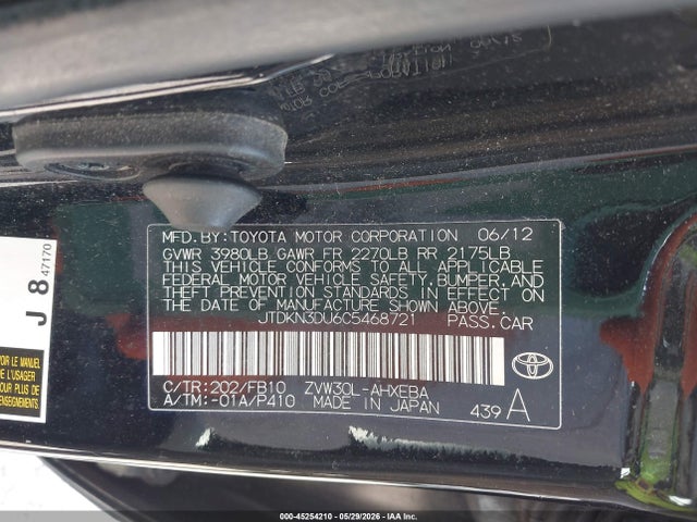 Продаж на аукціоні авто 2012 Toyota Prius Two, vin: JTDKN3DU6C5468721, номер лоту: 45254210