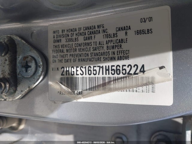 Auction sale of the 2001 Honda Civic Lx, vin: 2HGES16571H565224, lot number: 45254213