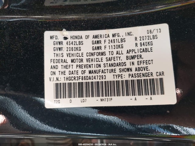 Aukcja sprzedaży 2013 Honda Accord Ex-l V-6, vin: 1HGCR3F86DA047293, numer aukcji: 45254235