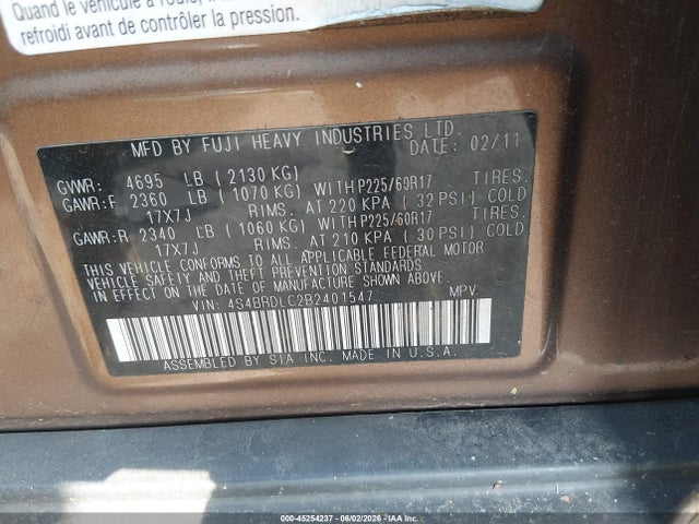 45254237 :رقم المزاد ، 4S4BRDLC2B2401547 vin ، 2011 Subaru Outback 3.6r Limited مزاد بيع