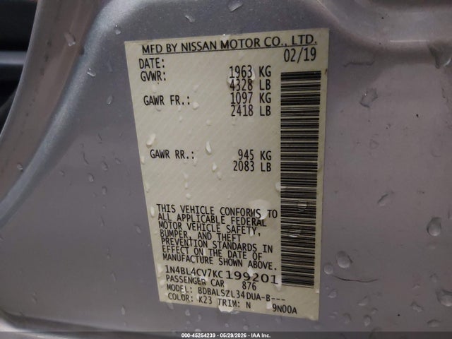 Aukcja sprzedaży 2019 Nissan Altima 2.5 Sr, vin: 1N4BL4CV7KC199201, numer aukcji: 45254239