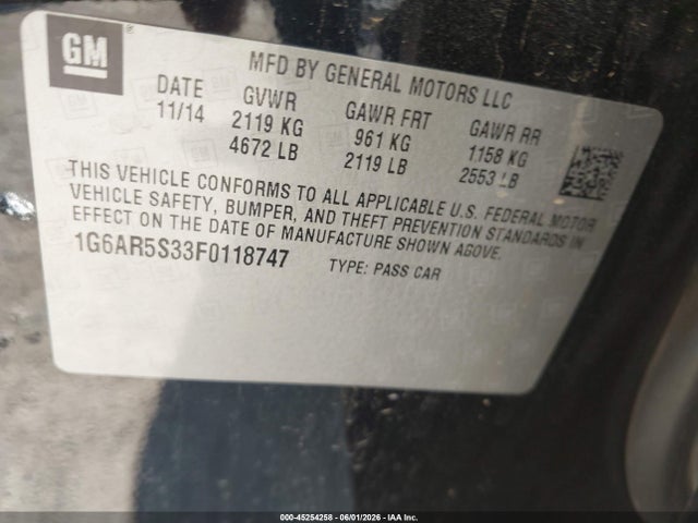 2015 Cadillac Cts Luxury მანქანა იყიდება აუქციონზე, vin: 1G6AR5S33F0118747, აუქციონის ნომერი: 45254258