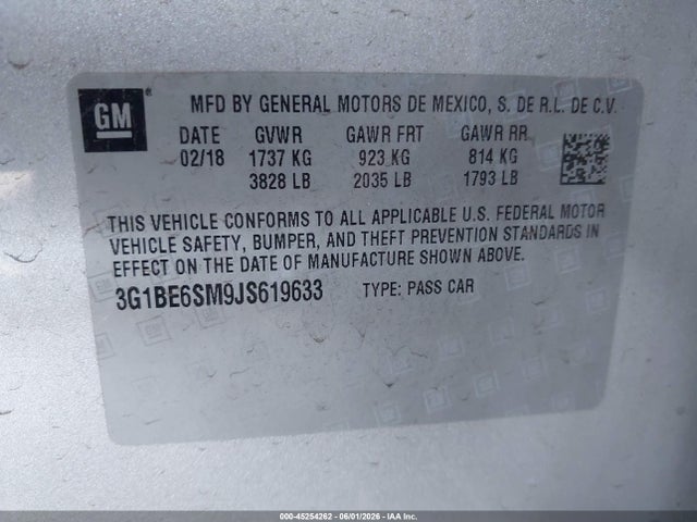45254262 :رقم المزاد ، 3G1BE6SM9JS619633 vin ، 2018 Chevrolet Cruze Lt Auto مزاد بيع