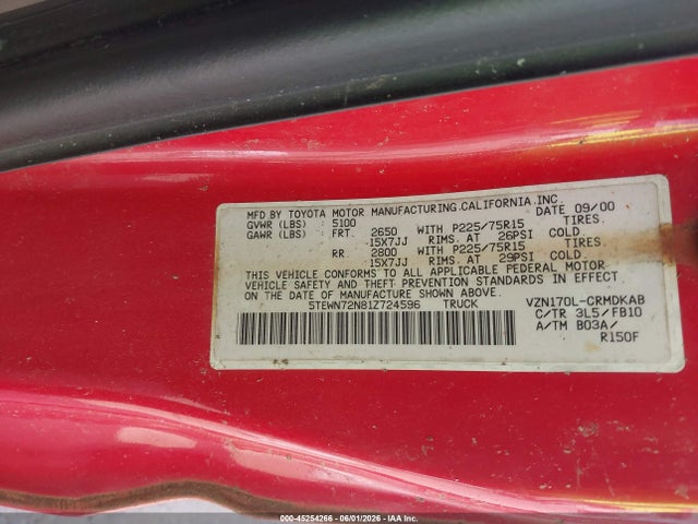 Продаж на аукціоні авто 2001 Toyota Tacoma Base V6, vin: 5TEWN72N81Z724596, номер лоту: 45254266