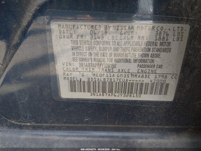 Aukcja sprzedaży 2018 Nissan Sentra S, vin: 3N1AB7AP6JY328150, numer aukcji: 45254276