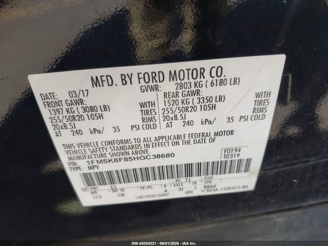 Ford Explorer Limited 2017 1FM5K8F85HGC38680 Image 9