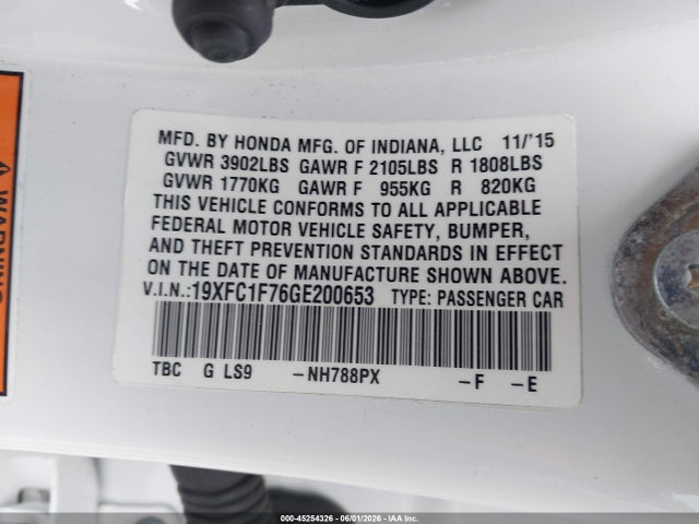 19XFC1F76GE200653 Honda Civic Ex-l