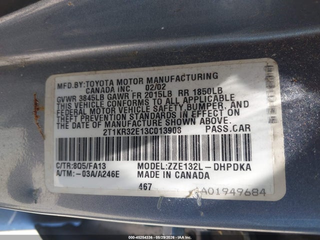 Продаж на аукціоні авто 2003 Toyota Matrix Standard, vin: 2T1KR32E13C013908, номер лоту: 45254336
