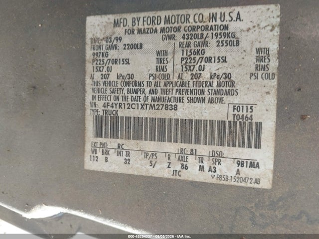 Aukcja sprzedaży 1999 Mazda B2500 Se/sx/tl, vin: 4F4YR12C1XTM27838, numer aukcji: 45254337